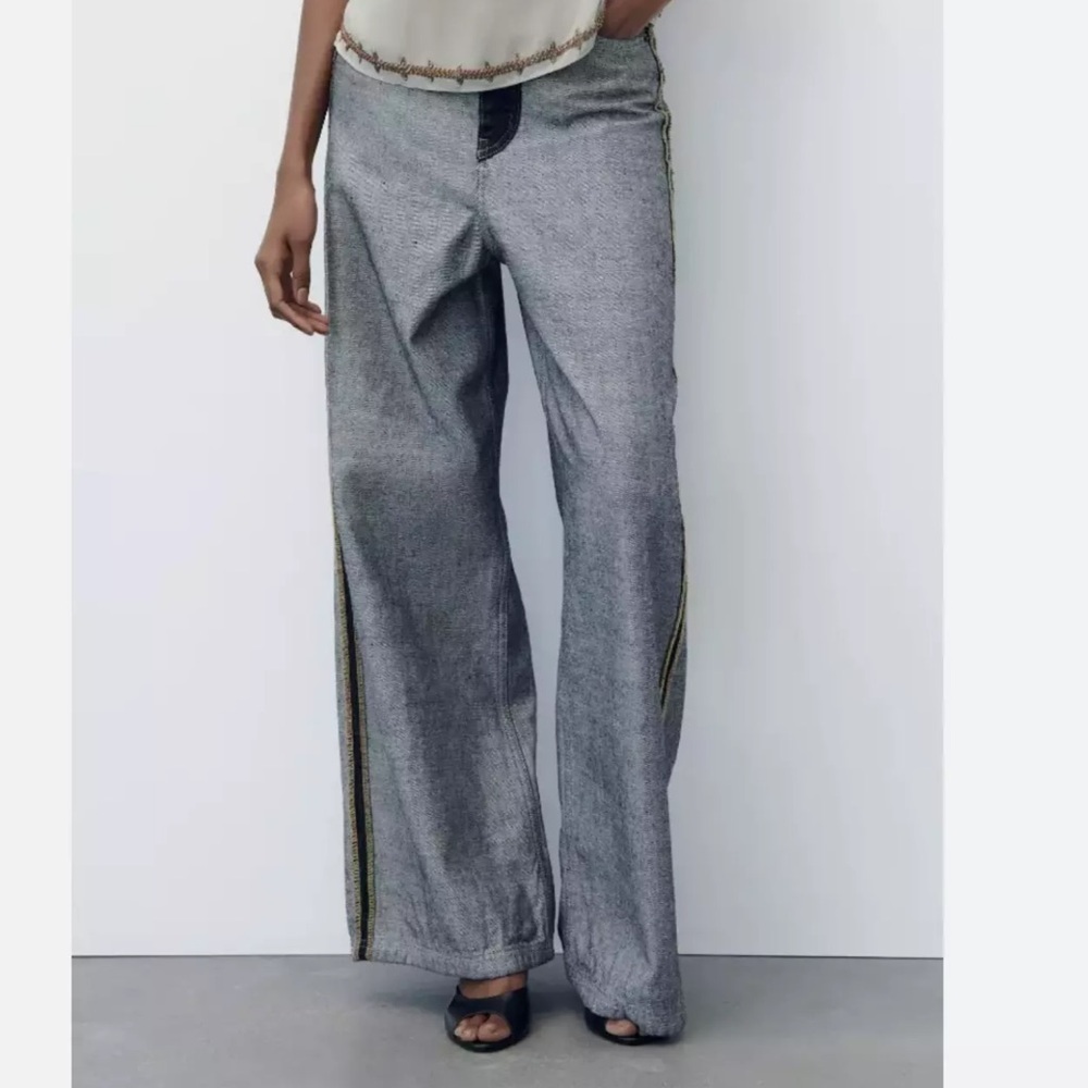 ZARA Inside Out Blue Denim Jeans Size 4 wide Leg High Rise Relaxed Pants  NWT - Picture 3 of 6